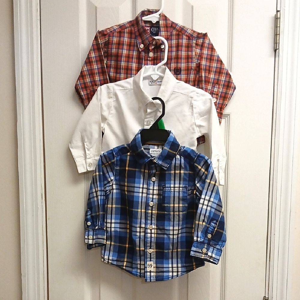 Kids Plaid and Solid Dress Shirts Set Bundle Of 3, Chaps, Carters bt Kid 18M